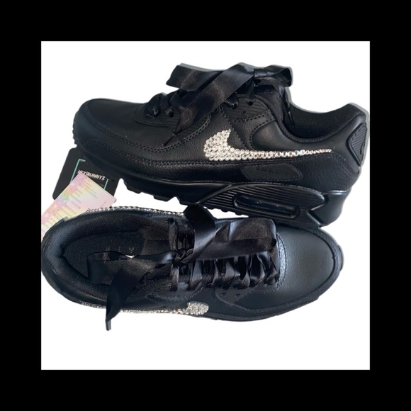 Black Nike Airmax 90’s All Sizes Luxe Crystal Ticks Design With Ribbon Laces - Picture 1 of 8